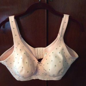 Pink bra with gray polka dots.